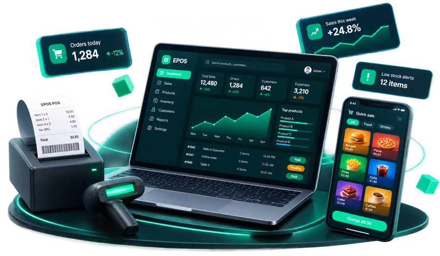 EPOS point of sale dashboard on laptop and phone with receipt printer